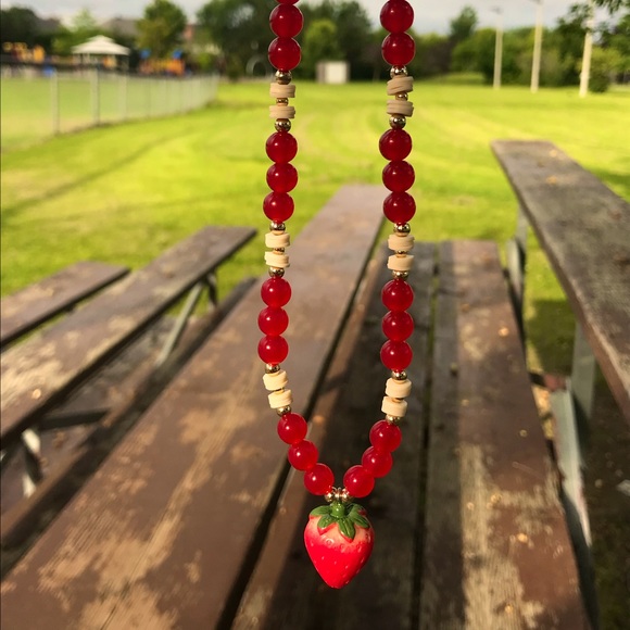 Strawberry Necklace!🍓Hand-made, Strawberry & Golden necklace! ⭐️ Lara’s Bubbles - Picture 1 of 7